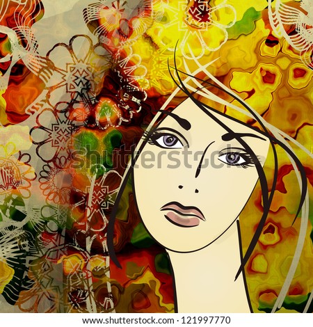 art colorful sketching of beautiful girl face on golden autumn background