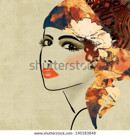 art colorful sketching beautiful girl face on sepia  background, in art deco style
