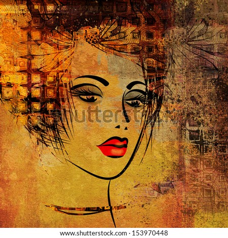 art colorful sketching beautiful girl face on golden background