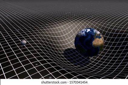 Art Concept Of Earth And Moon On A Gravity Grid. Space-time Warp And Vortex. Gravity's Century. 3D Rendering.