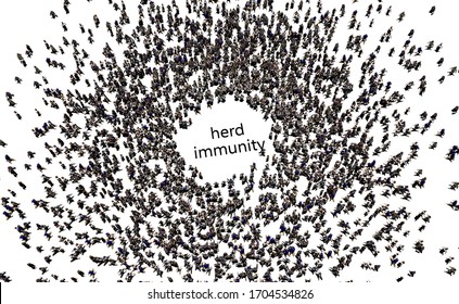 Art Concept Of Herd Immunity. Crowd Of People Moving Toward The Center Forming A Circle With Words 'herd Immunity'. 3D Rendering.