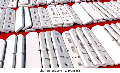 Art Concept of Massive testing. Simple COVID-19 IgM/IgG Rapid Test. A pile of coronavirus tests scattered on a red table. The rapid tests have arrived. Realistic 3D Rendering. View 2.