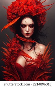 Art Creepy Sexy Witch Or Vampire, Revealing Red Dress And Hat. Halloween Card