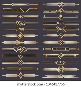 Art Deco Divider. Gold Retro Arts Border, 1920s Decorative Ornaments And Golden Dividers Borders, Minimal Elegant Golden Ornament Frame For Wedding Invitation Card.  Design Isolated Icons Set