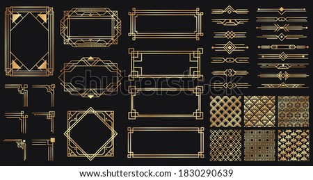 Art deco elements set. Creative golden borders and frames. Dividers and headers for luxury or premium design. Old antique elegant elements isolated on dark . Decoration for cards  illustration Foto stock © 