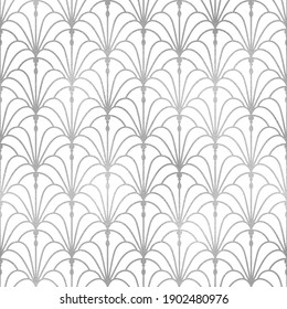 Art deco fan. Silver geometric seamless pattern. Arc deco graphics trellis. Stylish flower repeat background. Nouveau gatsby design prints. Classic Chinese oriental texture. Ornate scale. Illustration