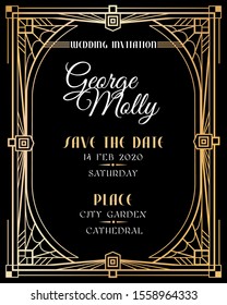 Art deco invitation. Wedding art deco card with gold frame border, classic 1920s retro style luxury art. Golden abstract mockup of fashion framed backdropwith vintage text
