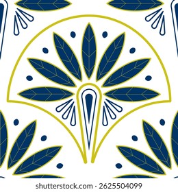 Art Deco seamless pattern on a white background. Gold and blue floral symmetrical endless print for wallpaper, fabric, and wrapping paper. Geometric illustration.