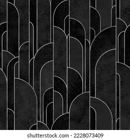 Art deco style abstract geometric forms seamless pattern background. Watercolor hand drawn black elements and silver lines texture. Watercolour print for textile, wallpaper, wrapping paper - Powered by Shutterstock