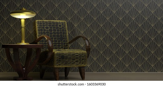 Art Deco Style Decoration, Home Interior. Classic Retro Furniture On Wallpaper Background Black And Gold Color, Vintage Lamp On A Round Table And An Armchair. 3d Illustration
