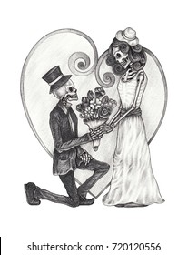 Art Design Love Wedding Skull. Hand Pencil Drawing On Paper.