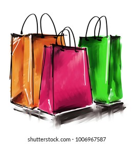 art digital acrylic and watercolor painted three colorful shopping bags isolated on white background with space for text and label; colorful 3d