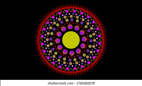 art dot fade circle and outside small thorn red purple tone on black isolated