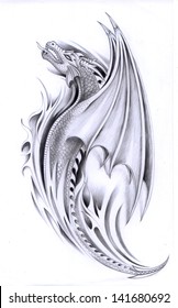 Art dragon tattoo. Hand drawing on paper.
