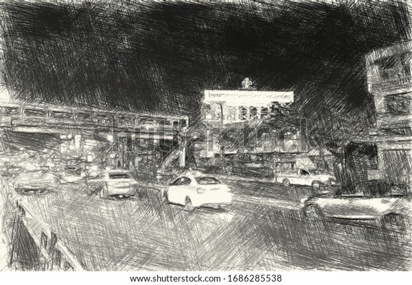 Art drawing black\
and white of night\
road