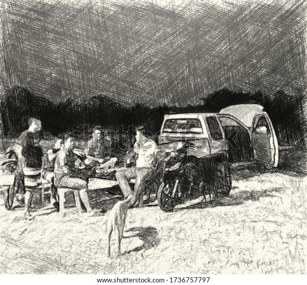Art drawing black and white of people camping in\
country garden