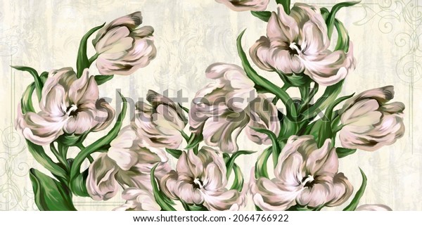 art drawing tulips on a textural background art drawing wallpaper in a room or interior of a house.