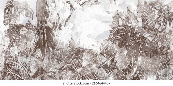 Art Drawing Watercolor Tropics On A Light Photo Wallpaper In The Interior