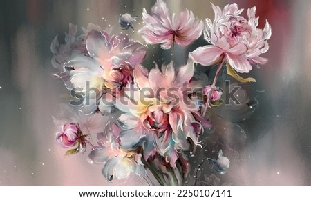 Art drawing which depicts large buds of peonies, elements of radiance, a picture in pastel colors, photo wallpaper