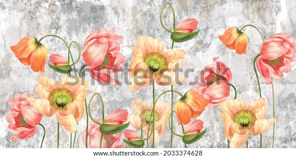 art drawn poppies on a textured gray background with a shabby, photo wallpaper on the wall or in the interior of the house