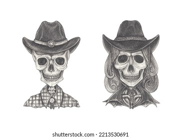 Art Fancy Couple Cowboy And Cowgirl Skulls. Hand Drawing On Paper.