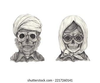 Art Fancy  Couple Old Man And Old Woman Skulls. Hand Drawing On Paper.