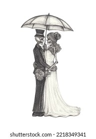 Art Fancy Couple Wedding Skulls. Hand Drawing On Paper.