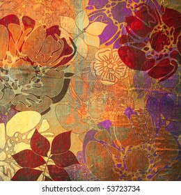 art floral grunge golden and red background, pattern with stylization flowers