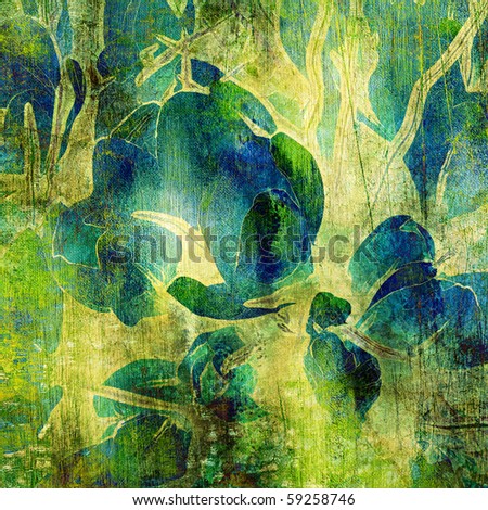 art floral grunge graphic monochrome background in green, gold yellow and blue colors