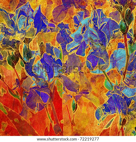 art floral grunge watercolor and graphic bright orange, gold and red background with blue irises