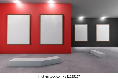 Art Gallery Museum With Blank Placard Red And Black Wall / 3D Rendering