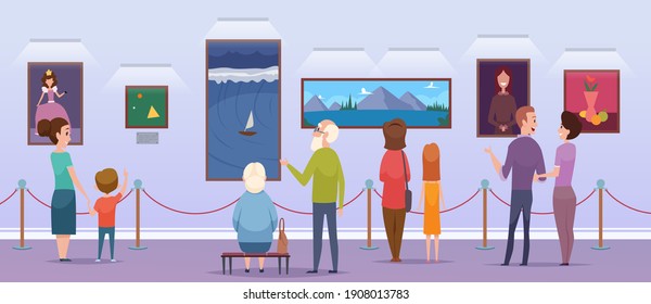 Art gallery. People watching a pictures in museum place painting exhibition portraits students artwork cartoon characters - Powered by Shutterstock