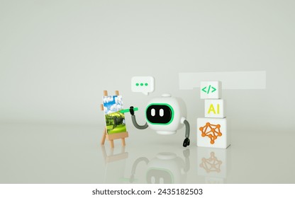 Art generated by Artificial Intelligence (AI),  robot using a stylus pen to create an artwork. Generative AI. Large language model. Computer vision. Ai image generator, video generative.  BOT. Vector
