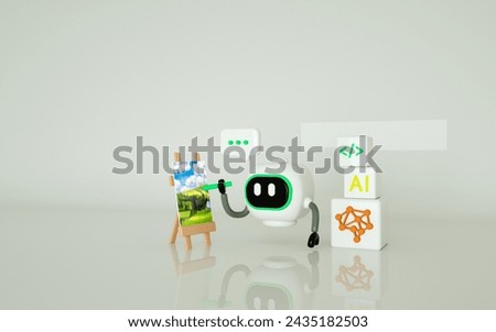 Art generated by Artificial Intelligence (AI),  robot using a stylus pen to create an artwork. Generative AI. Large language model. Computer vision. Ai image generator, video generative.  BOT. Vector