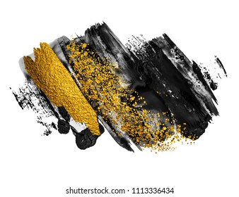 Art And Gold. Black Paint Stroke Texture On White Paper. Abstract Hand Painted Golden Background For Greeting, Gift, Wedding, Invitation, Birthday Card. Magic Abstract Artwork. 
