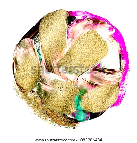 Art and Gold. Multi-coloured spot, acrylic paint, modern art, hand drawn painting, contemporary artwork. Trendy color with golden paint and glitters. Very beautiful abstraction.