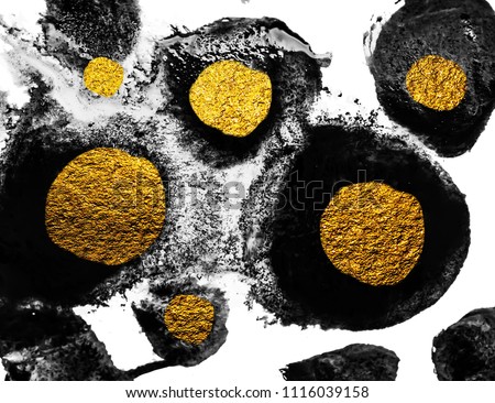 Art and Gold. Natural luxury. Black paint stroke texture on white paper. Abstract hand painted golden background for greeting, gift, wedding, invitation, birthday card. Magic abstract artwork. 
