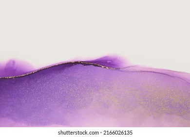 Art Grain Abstract Watercolor Marble Smoke Blot Painting. Violet, Beige And Gold Color Canvas Texture Horizontal Background. Alcohol Ink.