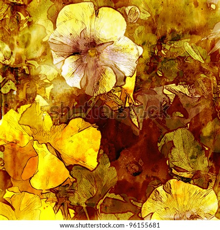 art grunge autumn floral vintage watercolor monochrome golden brown background with white and yellow violets
