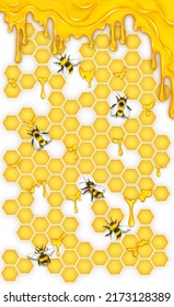 Art honeycombs with dripping honey, bees keeping honey.
Beehive honeycomb with hexagon grid cells and bee cartoon background.
Dripping honey. Drawn illustration for cafe, shop, bakery menu