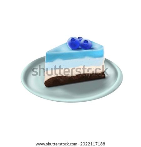 Art illustration of a piece of cake on a plate in shades of blue with blueberries on a white background, 3d - image