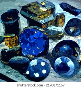 Art image close-up of dwarven crafted trinkets with sapphire blue gems resting on a stone slab. Inspired by the "Dwarf fortress" video game.