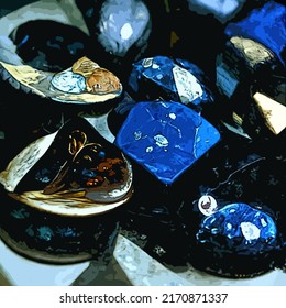 Art image close-up of dwarven treasures. The image contains crafted trinkets with precious sapphire blue gems resting in a pile of ruined rubble. Inspired by the "Dwarf fortress" video game.