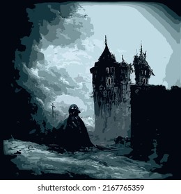 Art Image Of A Dark Spooky Castle On A Tall Cliff With A Shady Figure In A Gloomy Halloween-style Landscape.