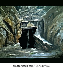 Art image depicting a scene of an entranceway to a dark dwarven tunnel carved into a rocky cliff face inspired by the dwarf fortress video game.