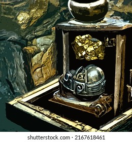 Art image of a dwarven helmet and a massive gold nugget mounted on a display case in a stone subterranean memorial room. Inspired by "dwarf fortress"