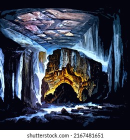 Art image of a dwarven kingdom caved from a rocky cliff face in a vast open cavern - phantasy art painting inspired by "dwarf fortress."