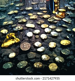 Art image - a large collection of numerous ancient dwarven gold coins scattered over a dark rocky stone cave floor inspired by the "dwarf fortress" video game.