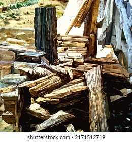 Art Image Of An Outdoor Lumber Pile. The Wood Is Stacked In An Unorganized Manner.