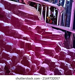 Art image of pink crystalline formations in a deep dark cavern. Structures can be seen in the background carved from the crystal.